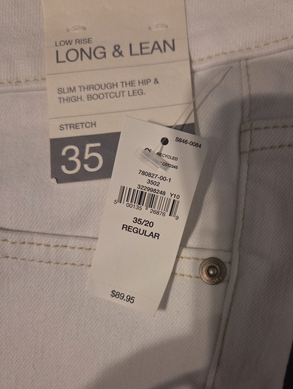 GAP Low Rise Long & Lean Bootcut Jeans - White Sz 35/20